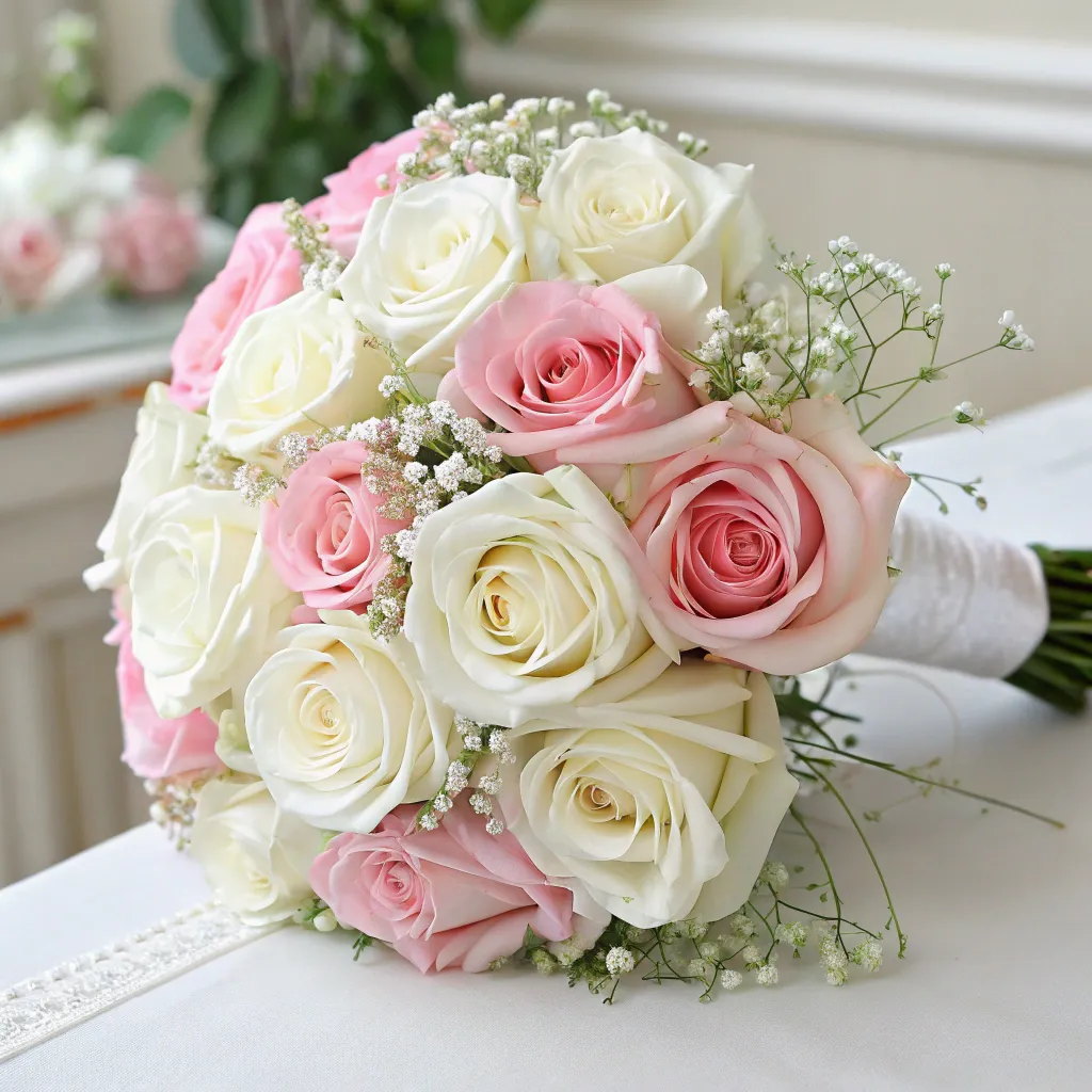 Elegant bridal bouquet with white and pink roses